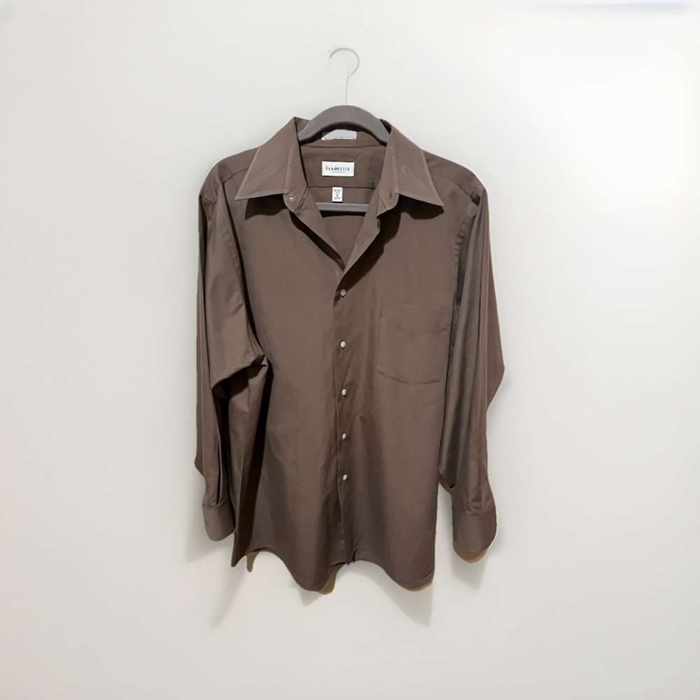Men's Van Heusen dress Shirt button cuffs, Olive Green, 16 32/33GUC - Picture 5 of 9